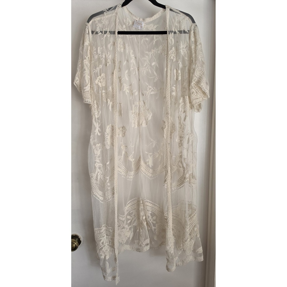 SirenLily Maternity Cover Up 1X Floral Ivory Short Sleeve Sheer Lace Romantic